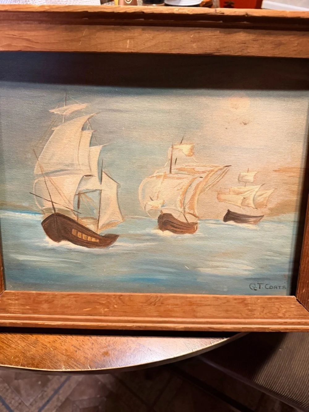 Framed‎ Seascape Painting with Sailing Ships by QT Coats 16x13